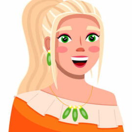 156977845-personnage-de-dessin-animé-de-vecteur-l-avatar-d-une-jeune-femme-souriante-blonde-porte-un-tissu-ora